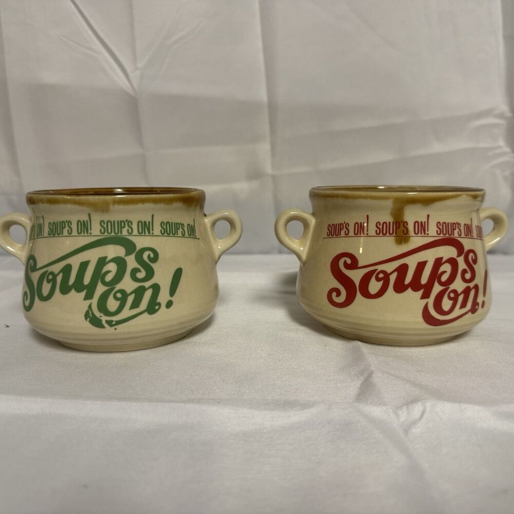 Vintage 70’s “Soups On!” Ceramic Crocks, Made In Japan Red And Green